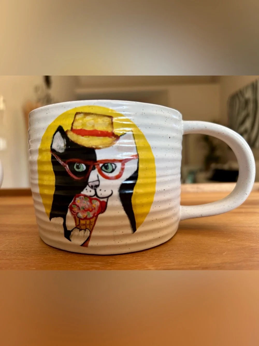 West Elm Speckled Pottery Ribbed Textured Mugs with Whimsical Cat Illustrations